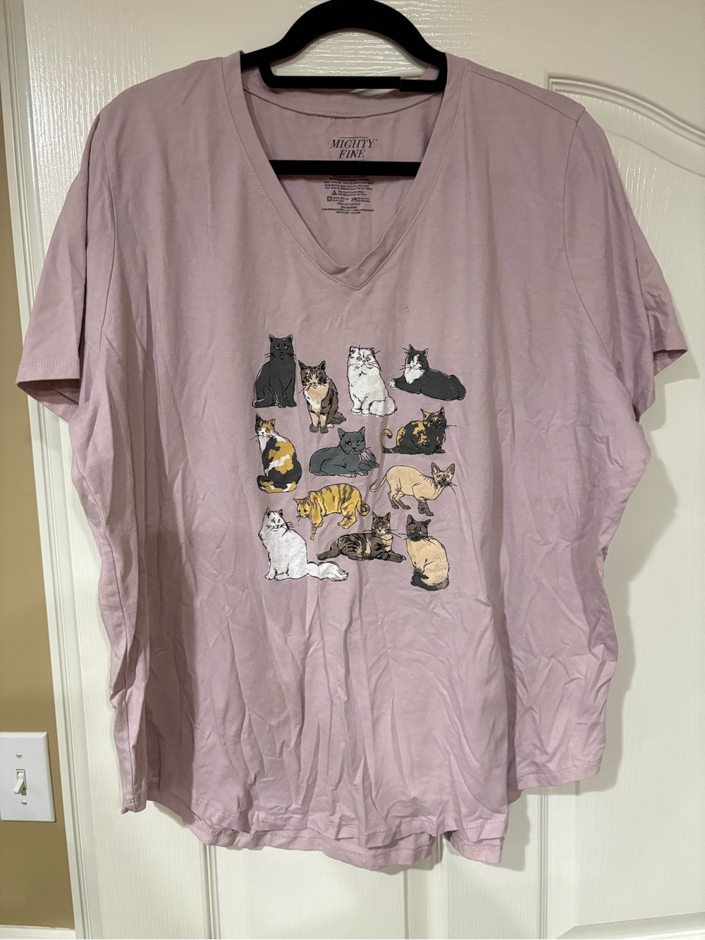 Mighty Fine Lilac V-Neck Tee with Multi-Cat Print
